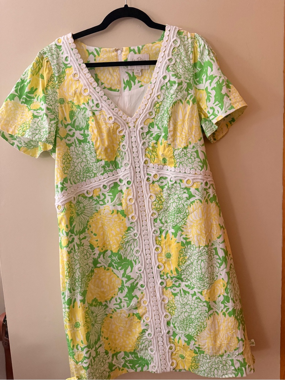 Lilly Pulitzer Yellow & Green Floral V-Neck Shift Dress with White Trim